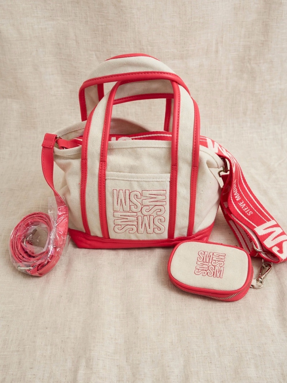 Steve Madden Cream Canvas Mini Tote with Pink Trim and Strap